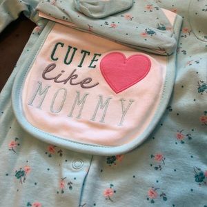 Button up one piece, with socks, bib, and hat